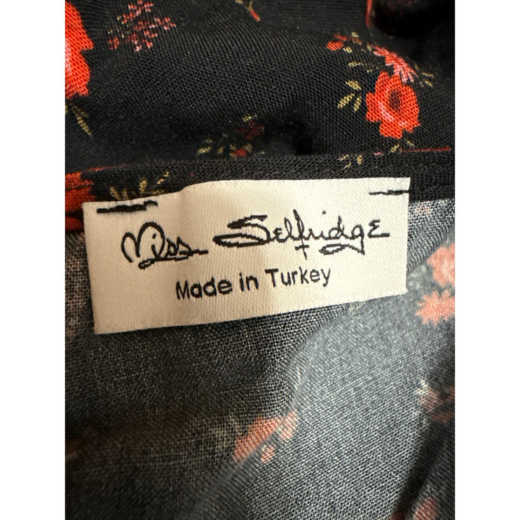 Miss Selfridge Black Floral Lace V-Neck Short Puff Sleeve Midi Shirt Dress Sz 4