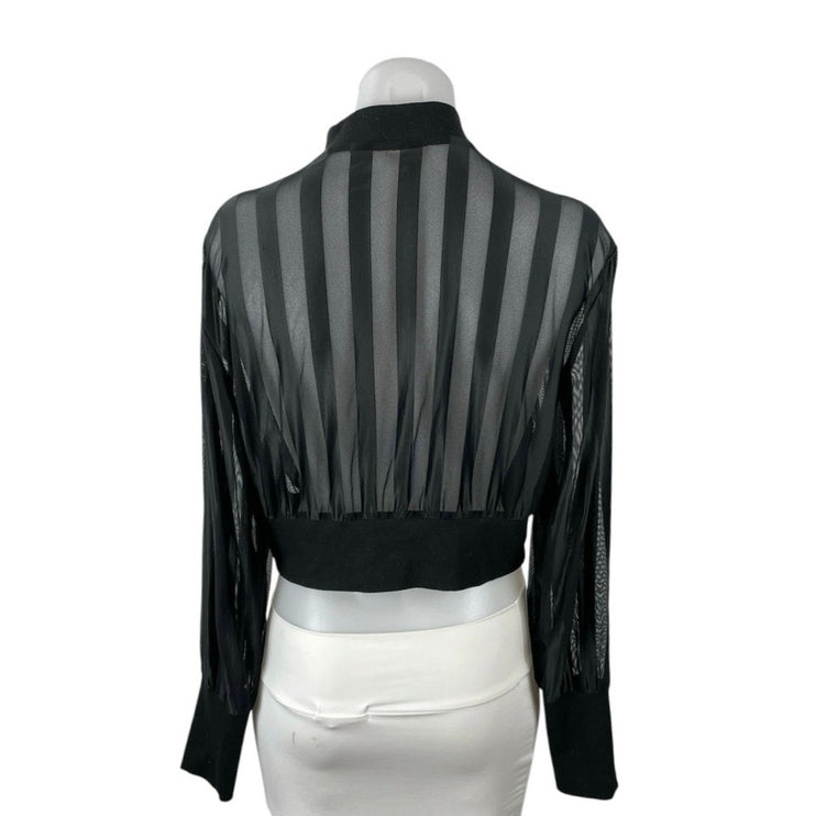Black Mesh Sheer Striped Mock Neck Zip Up Long Sleeve Cropped Jacket Top Size M