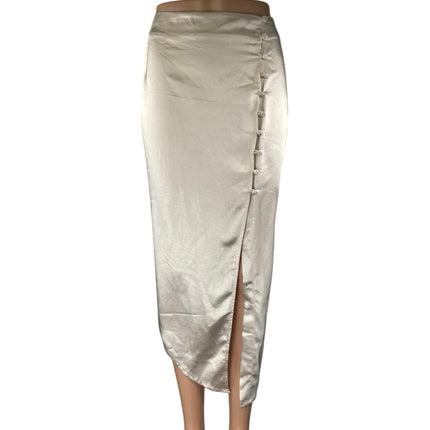 NEW Princess Polly Beige Silk Satin Asymmetric Midi Straight Pencil Slip Skirt 6