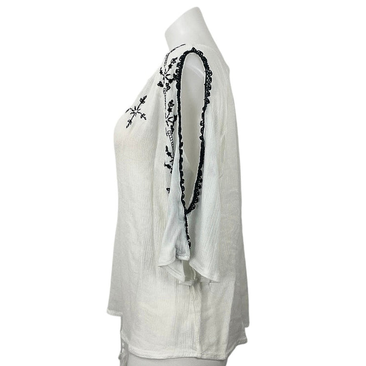 Women's White Floral Embroidered Half Sleeve Slit Tie Boho Blouse Top Size M
