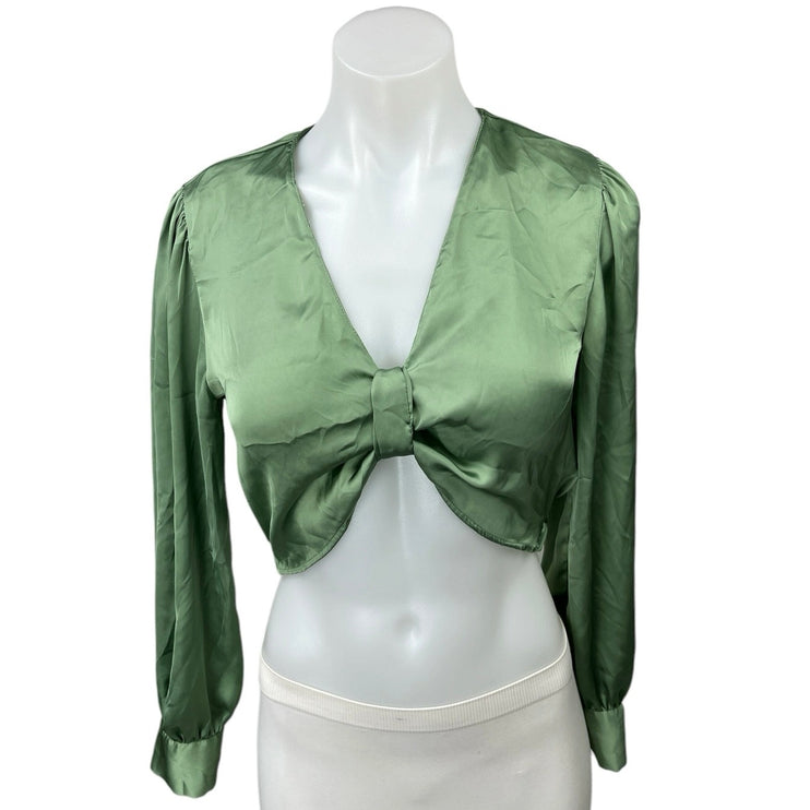 Zara Green Silk Satin V-neck Long Balloon Sleeve Crop Shirt Blouse Top Size XS