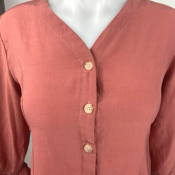 Citie Pink V Neck 3/4 Sleeve Tie Cuff Casual Button Down Shirt Blouse Top Size M