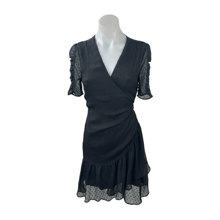 AllSaints Sienna Clip Dot Black Mesh Tulle Ruffle Puff Sleeve Mini Wrap Dress 6