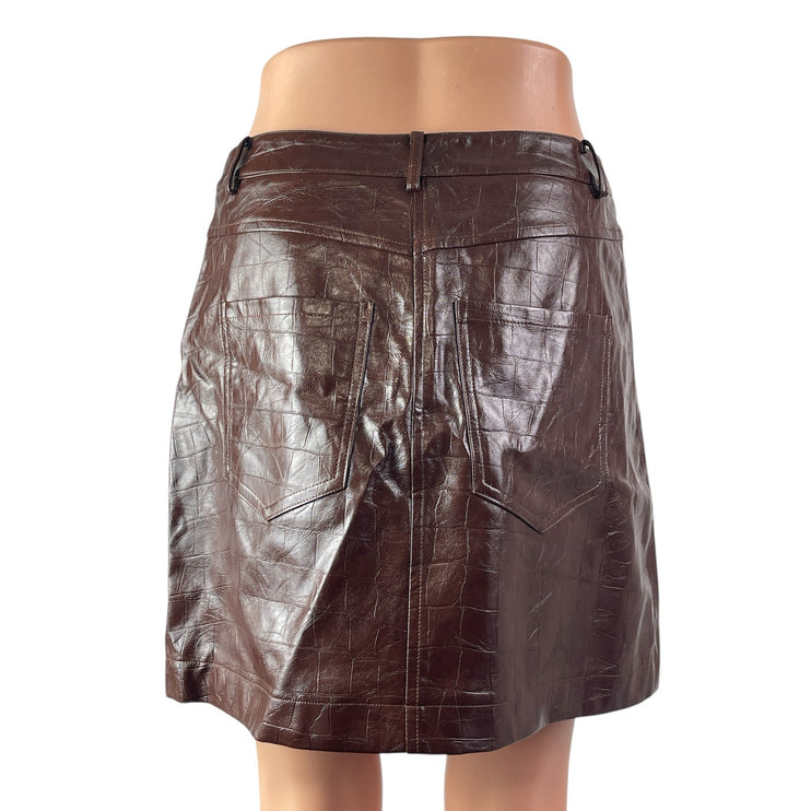 Avec Les Filles Brown Croc Embossed Faux Vegan Leather Mini Flare A-Line Skirt S