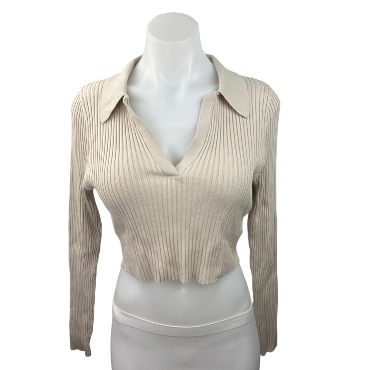 Divided H&M Beige Ribbed Stretch Knitted V-Neck Collar Long Sleeve Crop Top Sz M