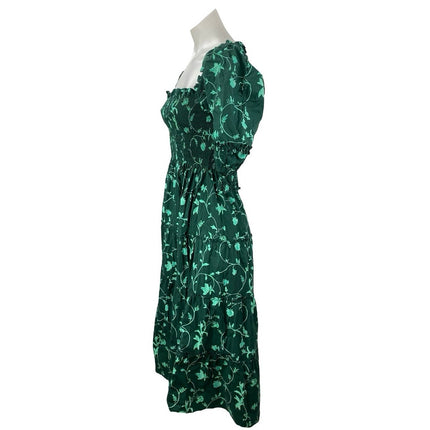Hill House Nesli Green Botanical Smocked Tiered Midi Nap Flare A-Line Dress XXS