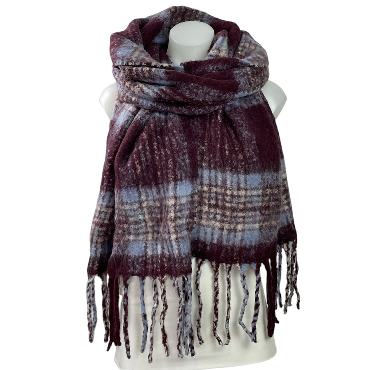 Madewell Women's Dark Pomegranate Plaid Alpaca Fringe Shawl Wrap Neck Scarf OS