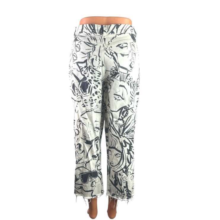 The Kit Alexa White Line Art Raw Frayed Hem Straight Wide Leg Trousers Pants 12