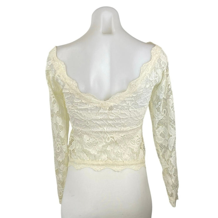 Free People Intimately Cream Long Sleeve Floral Lace Boat Neck Blouse Top Sz XS