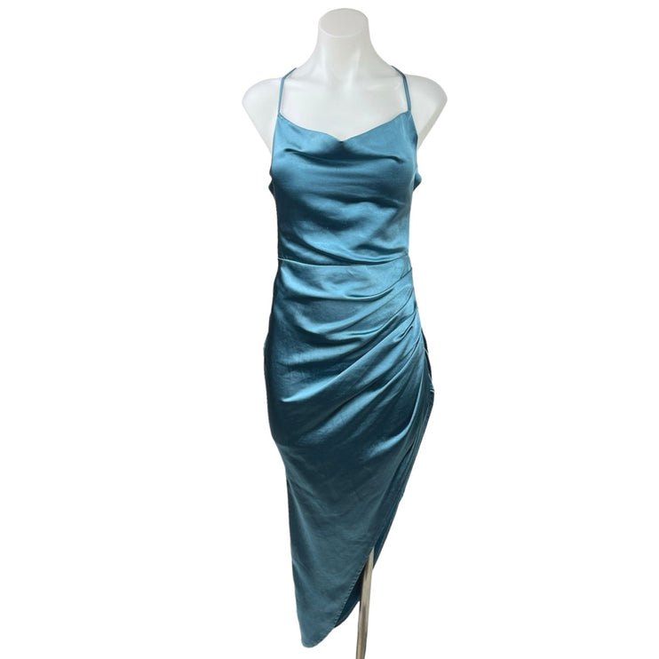 Club L London Blue Satin Cowl Neck Halter Strappy Asymmetric Maxi Dress Size 4