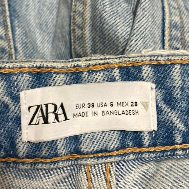 Zara Women's Blue High Waisted Frayed Raw Hem Straight Leg Denim Jeans Pants 6