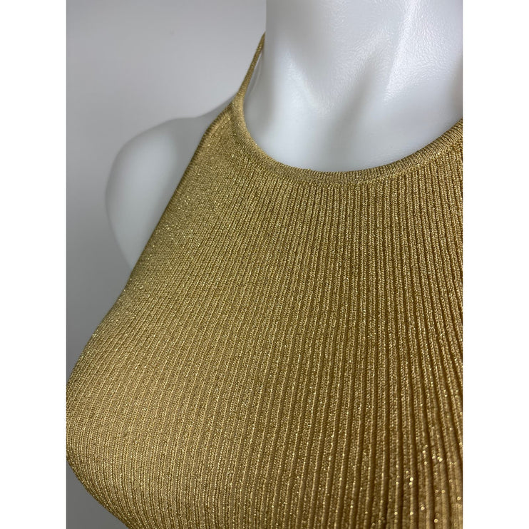 Intermix Gold Metallic Ribbed Fitted Strap Halter Camisole Tank Top Size XSP