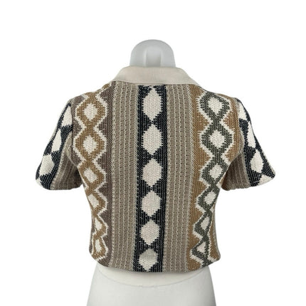 Zara Brown Geometric Tribal Crochet Knit Short Sleeve Cropped Polo Shirt Top S