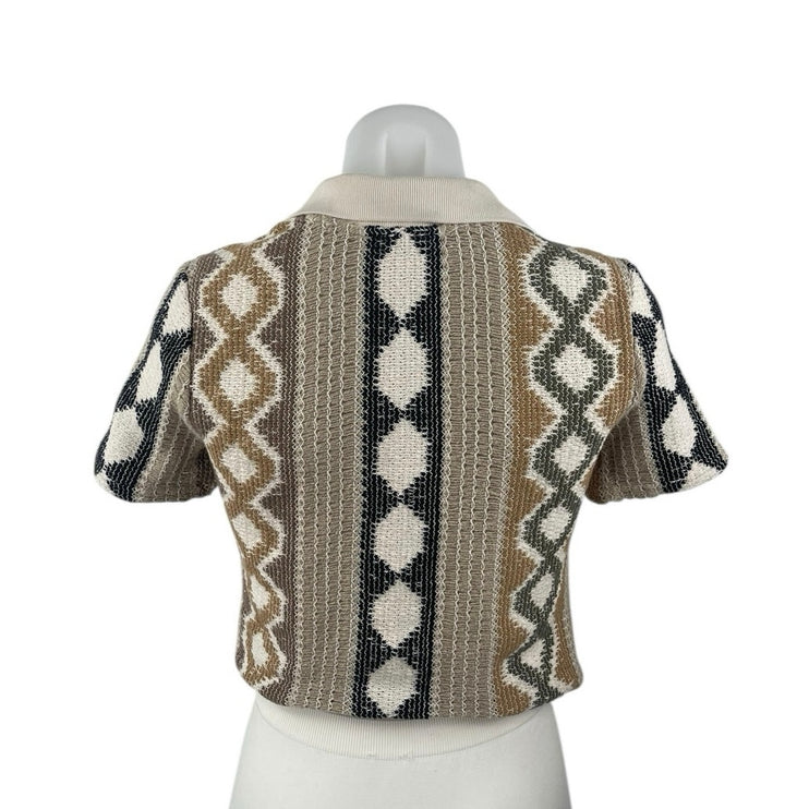 Zara Brown Geometric Tribal Crochet Knit Short Sleeve Cropped Polo Shirt Top S
