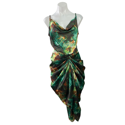 NEW PrettyLittleThing Green Satin Cowl Neck Gathered Sheath Midi Dress Size 8