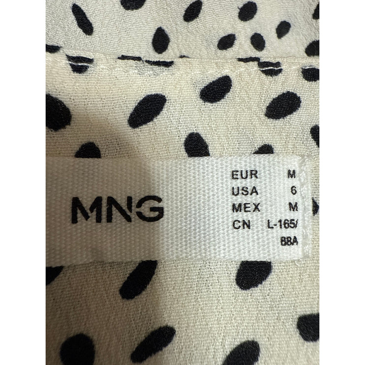 MNG Mango White Black Long Sleeve Button V Neck Wrap Peplum Blouse Top Size 6
