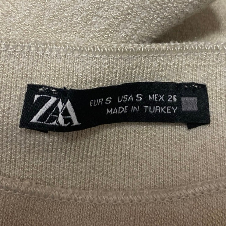 Zara Beige Cream Short Sleeve Mock Neck Knit Sweater Mini Bodycon Dress Size S