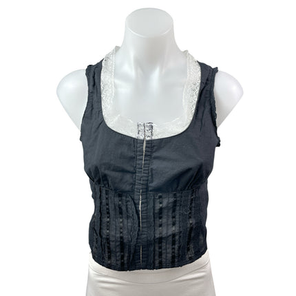 With Jean Black Lace Trim Pintucked Corset Bustier Zip Up Cami Tank Crop Top M