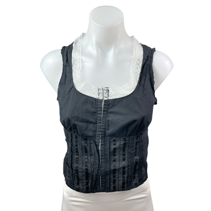 With Jean Black Lace Trim Pintucked Corset Bustier Zip Up Cami Tank Crop Top M