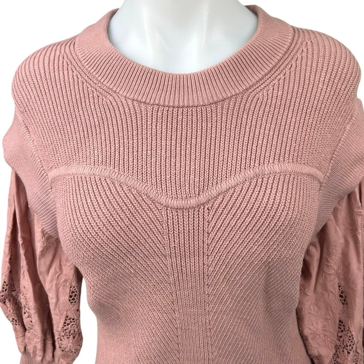 ba&sh Samoa Pink Embroidered Knit Lace Puff Sleeve Crew Sweater Blouse Top Sz 1