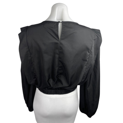 Missguided Women's Black Silky Satin Ruffle Flutter Sleeve Crop Blouse Top 10
