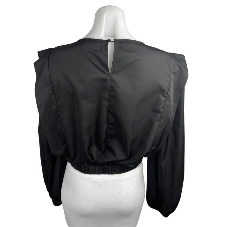 Missguided Women's Black Silky Satin Ruffle Flutter Sleeve Crop Blouse Top 10