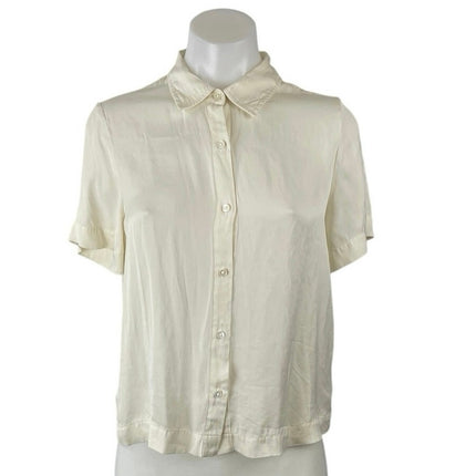 Quince Women's Cream Ivory Silk Satin Short Sleeve Button Up Shirt Top Size XS