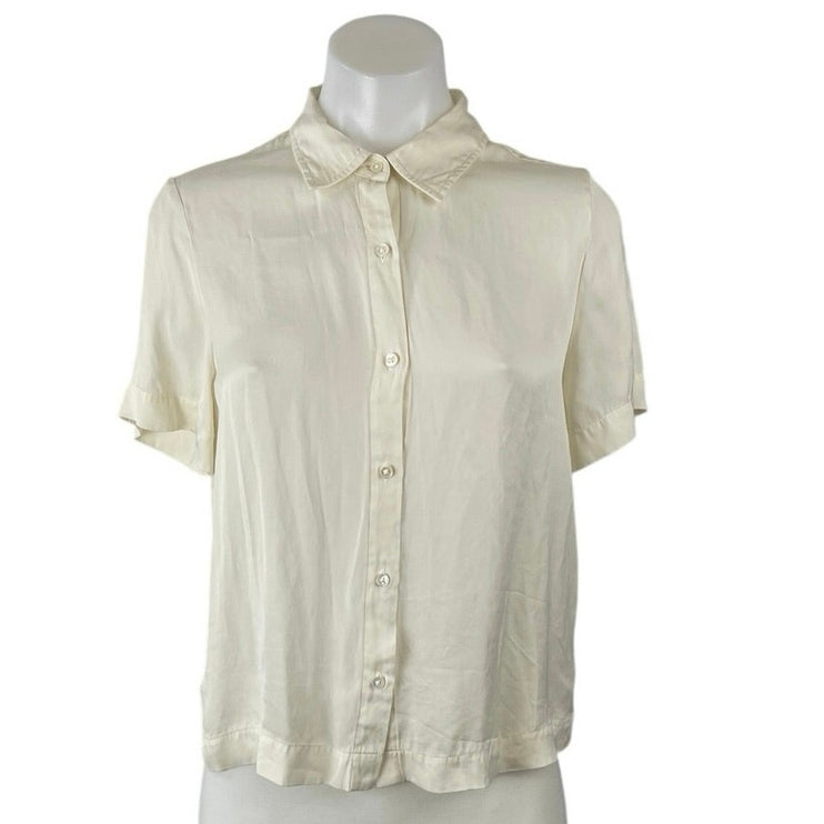 Quince Women's Cream Ivory Silk Satin Short Sleeve Button Up Shirt Top Size XS