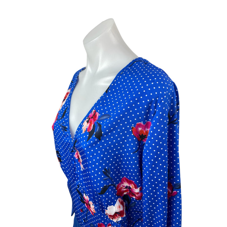 Influence Women's Blue Floral Polka Dots Long Sleeve Faux Wrap Bodysuit Top 12