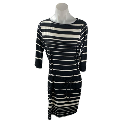 NEW Liz Claiborne Black White Striped Half Sleeve Tie Waist Mini Sheath Dress M