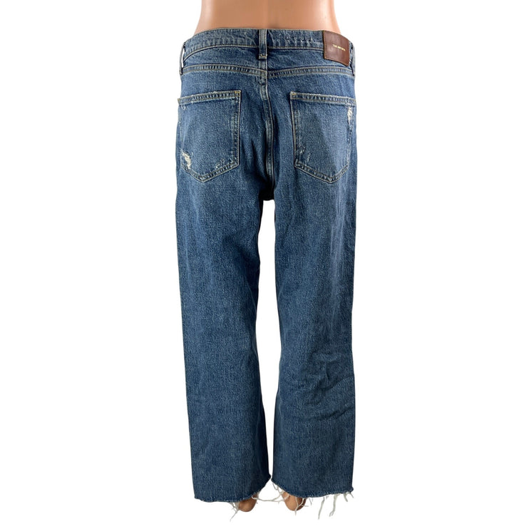 Zara Women's Blue Distressed High Waisted Wide Leg Baggy Denim Jeans Size 10