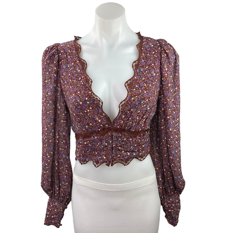 ASTR The Label NWT Zanna Brown Purple Ditsy Floral Lace Trim Long Sleeve Top S