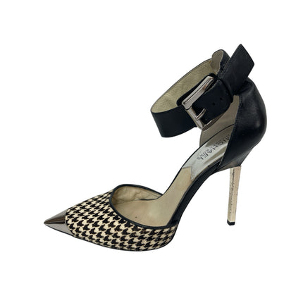 Michael Kors Black Houndstooth Pointed Toe Stiletto Heel Ankle Strap Sandals 8.5