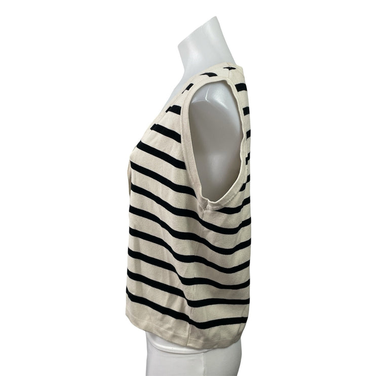 Illusory Women's Cream Black Striped Sleeveless Button Up Crop Cardigan Size L