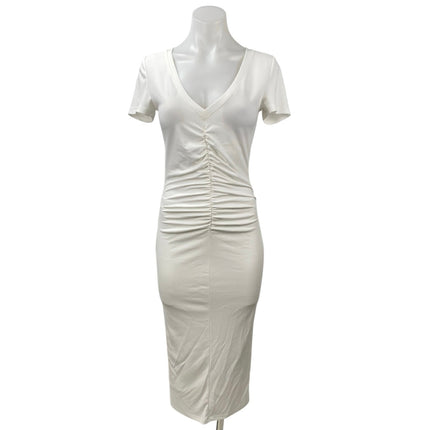 NEW Donna Karan Women's White Ruched V-neck Short Sleeve Midi Bodycon Dress Sz S