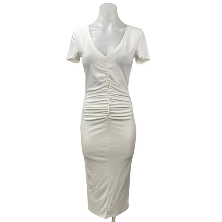 NEW Donna Karan Women's White Ruched V-neck Short Sleeve Midi Bodycon Dress Sz S