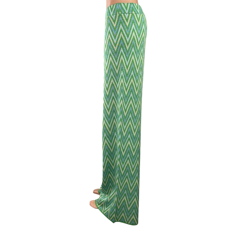 MNG Mango Massiel Green Chevron High Waisted Wide Leg Palazzo Trousers Pants M