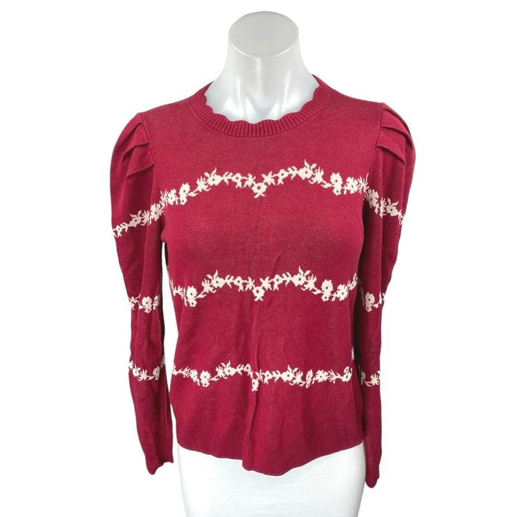 Ann Taylor LOFT Women's Red Floral Striped Long Puff Sleeve Sweater Top Size S