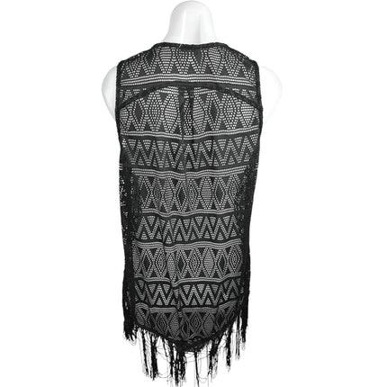 Tobi Black Boho Festival Argyle Fringe Eyelet Sleeveless Cardigan Vest Top Sz S