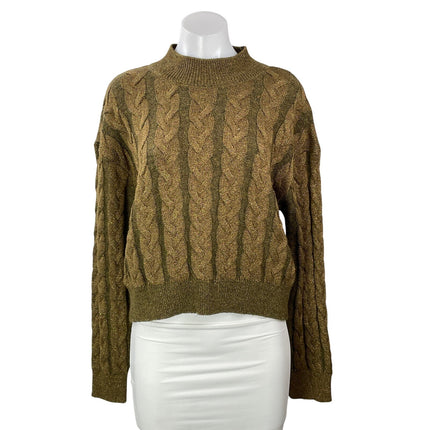 MNG Mango Olive Green Metallic Cable Knit Long Sleeve Mock Neck Sweater Top Sz L