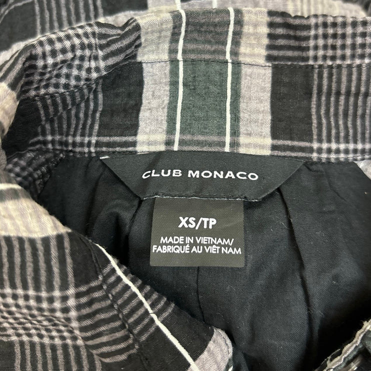 Club Monaco Black Gray Linen Blend Plaid Mini Puff Sleeve Shirt Dress Size XS