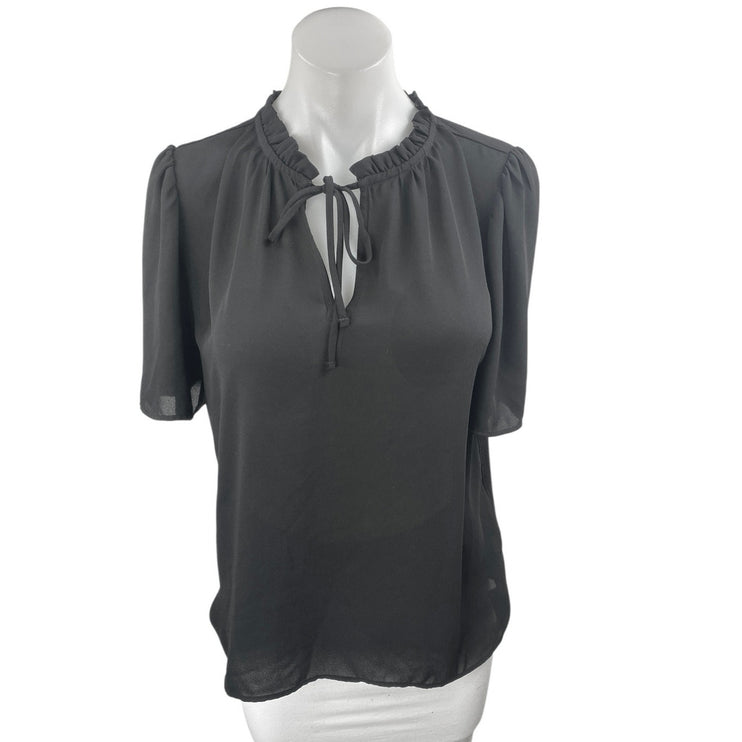 Ann Taylor LOFT Women's Black Ruffle Tie Neck Short Puff Sleeve Blouse Top Sz S