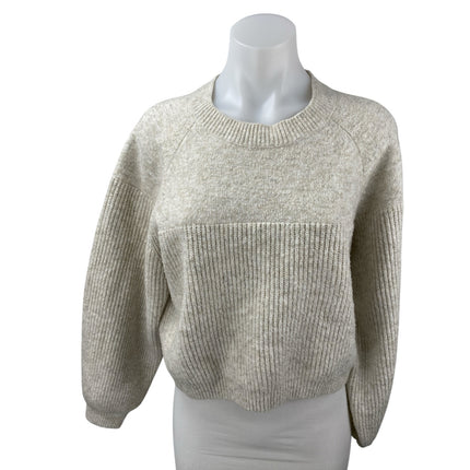 Topshop Women's Beige Wool Rib Knit Crew Neck Long Sleeve Crop Sweater Top Sz S