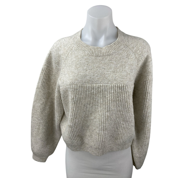 Topshop Women's Beige Wool Rib Knit Crew Neck Long Sleeve Crop Sweater Top Sz S