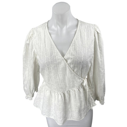 Madewell White Floral Embroidered Eyelet Balloon Puff Sleeve Peplum Blouse Top M