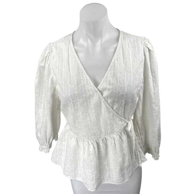 Madewell White Floral Embroidered Eyelet Balloon Puff Sleeve Peplum Blouse Top M