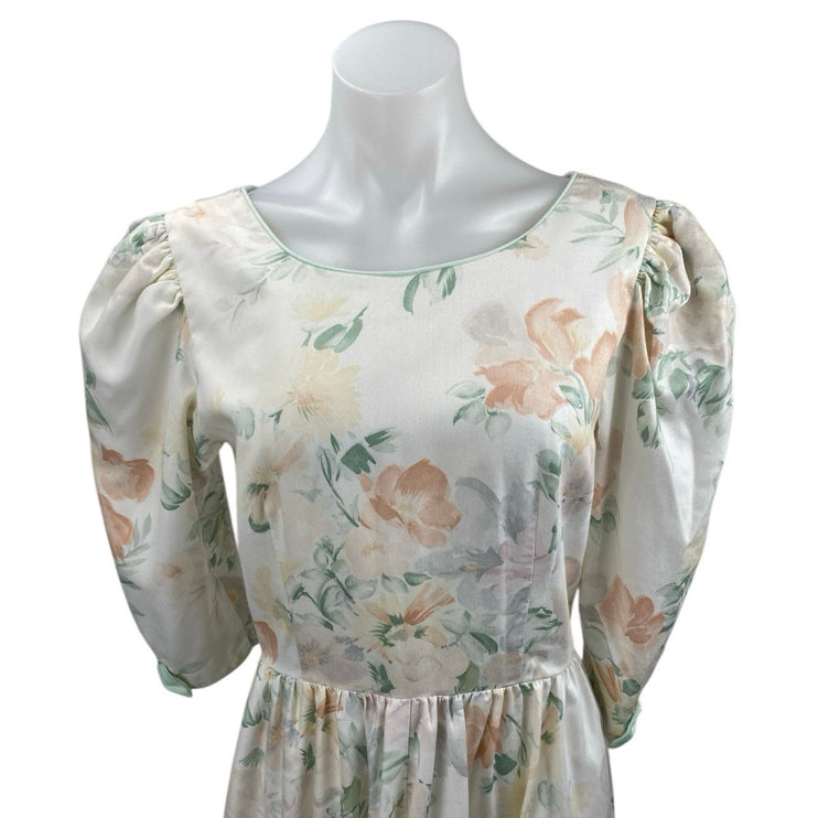 Vintage Lanz Womens White Floral Short Puff Sleeve Midi A-Line Tea Dress Size 10