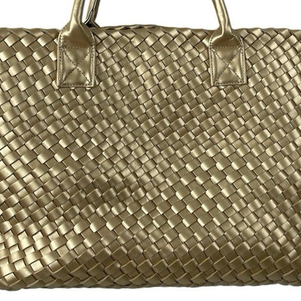 Women's Gold Metallic With Pouch Woven Shoulder Cabat Beach Tote Handbag OS