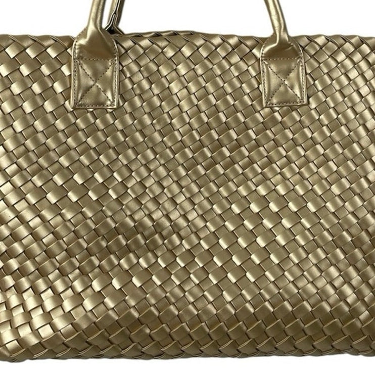Women's Gold Metallic With Pouch Woven Shoulder Cabat Beach Tote Handbag OS