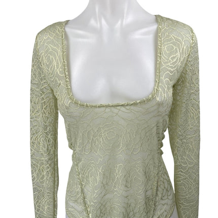 Free People In My Head Green Long Sleeve Mesh Sheer Lace Bodysuit Top Size XS